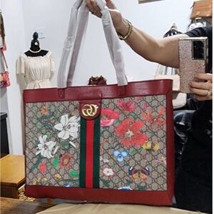 Ophidia Red floral canvas tote bag GG pattern